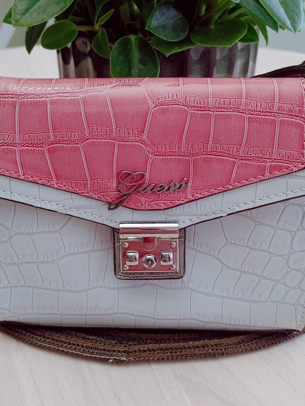 GUESS Two-Tone Pink & White Croc-Embossed Envelope Crossbody